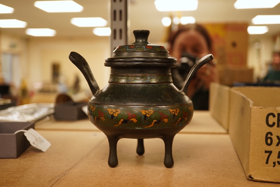 A Japanese twin handled champleve enamel koro and cover, 15cm high